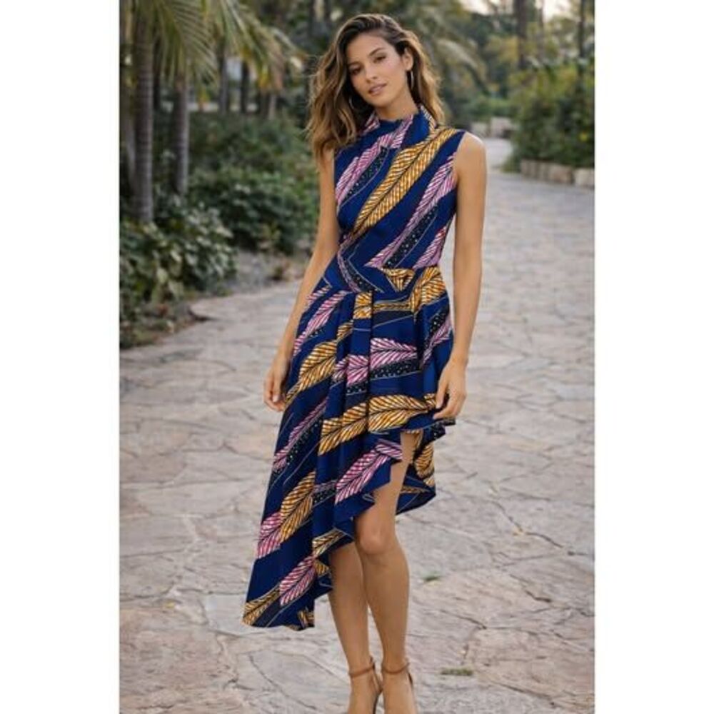 summer stylish Abstract Print Asymmetrical Midi Dress Draped Hem Statement Art S